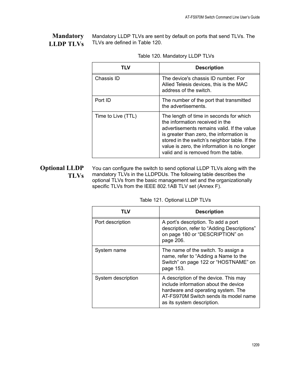 Mandatory lldp tlvs 9 optional lldp tlvs 9, Mandatory lldp tlvs, Optional lldp tlvs | Allied Telesis AT-FS970M Series User Manual | Page 1209 / 1938