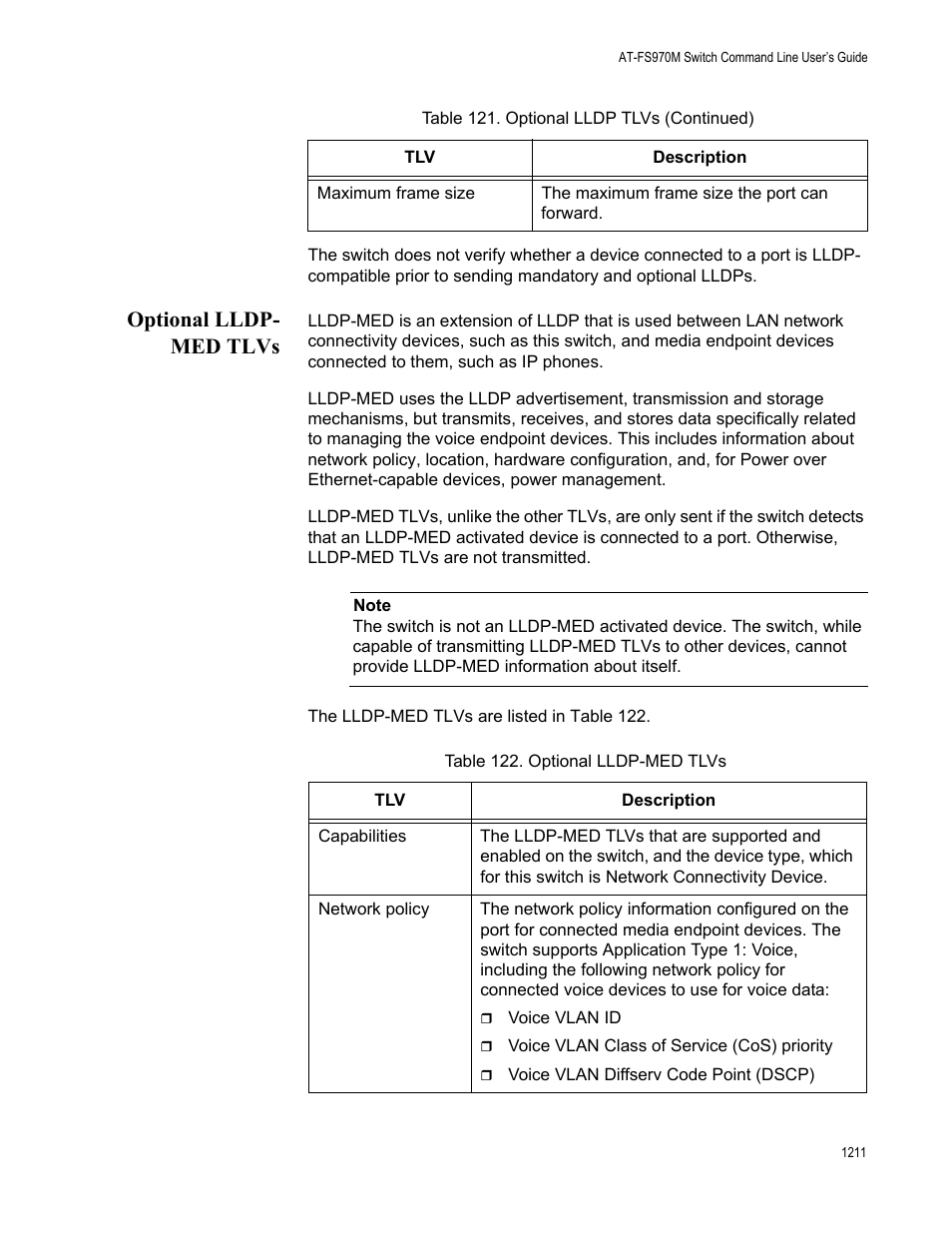 Optional lldp-med tlvs 1, Table 122. optional lldp-med tlvs 1, Optional lldp- med tlvs | Allied Telesis AT-FS970M Series User Manual | Page 1211 / 1938