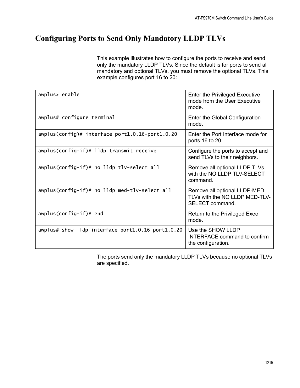 Configuring ports to send only mandatory lldp tlvs | Allied Telesis AT-FS970M Series User Manual | Page 1215 / 1938