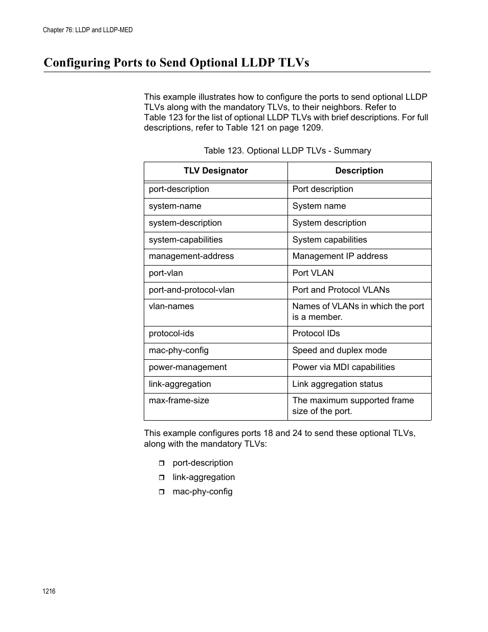 Configuring ports to send optional lldp tlvs 6, Table 123. optional lldp tlvs - summary 6, Configuring ports to send optional lldp tlvs | Allied Telesis AT-FS970M Series User Manual | Page 1216 / 1938