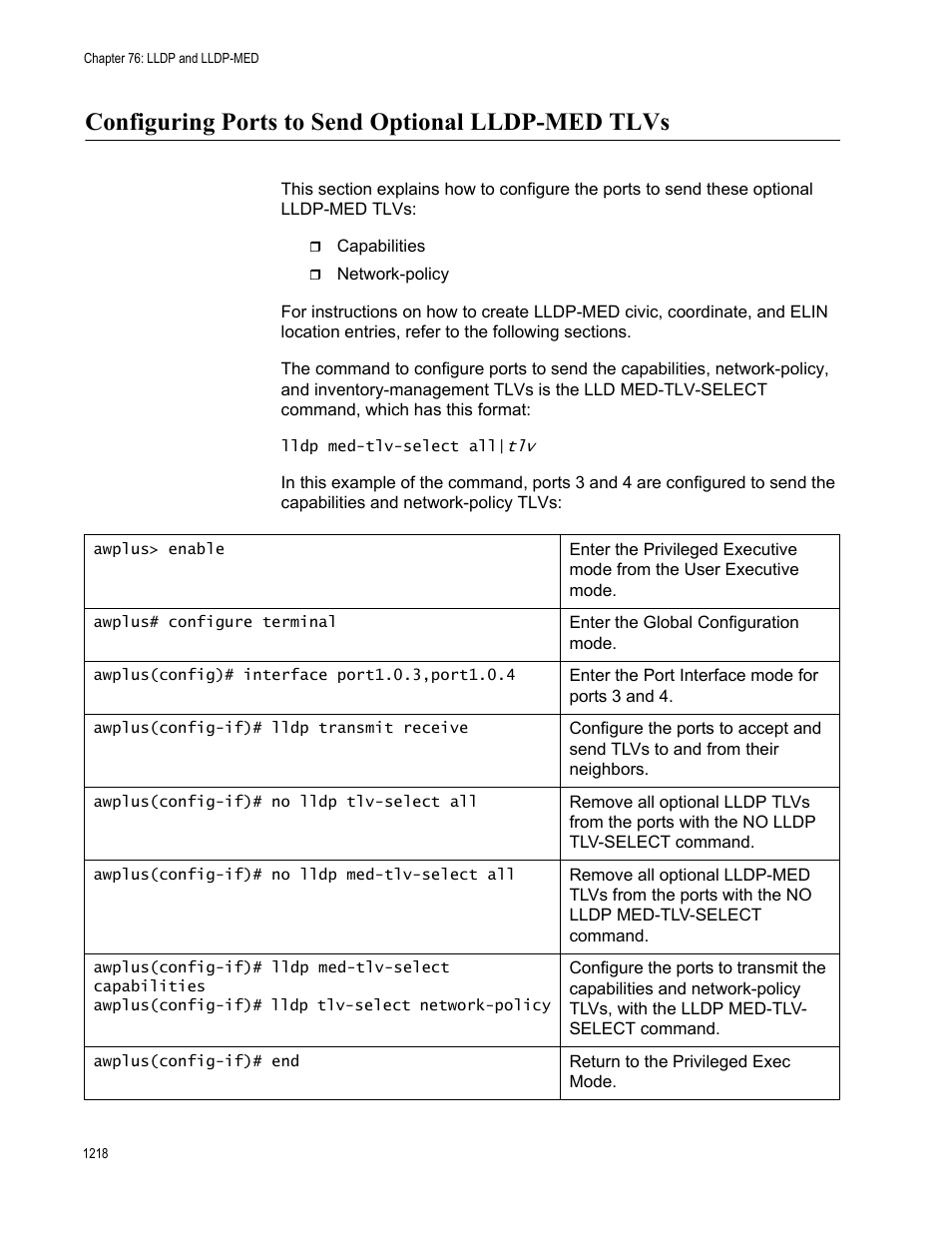 Configuring ports to send optional lldp-med tlvs 8, Configuring ports to send optional lldp-med tlvs | Allied Telesis AT-FS970M Series User Manual | Page 1218 / 1938