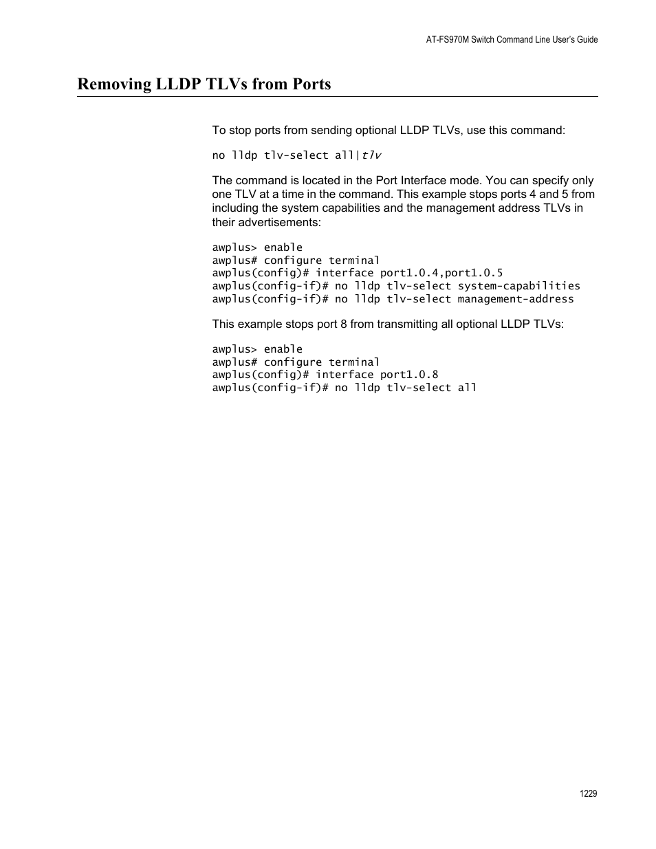 Removing lldp tlvs from ports 9, Removing lldp tlvs from ports | Allied Telesis AT-FS970M Series User Manual | Page 1229 / 1938