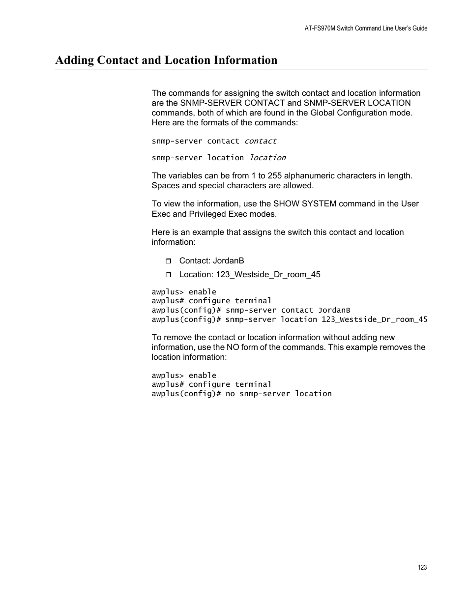 Adding contact and location information | Allied Telesis AT-FS970M Series User Manual | Page 123 / 1938