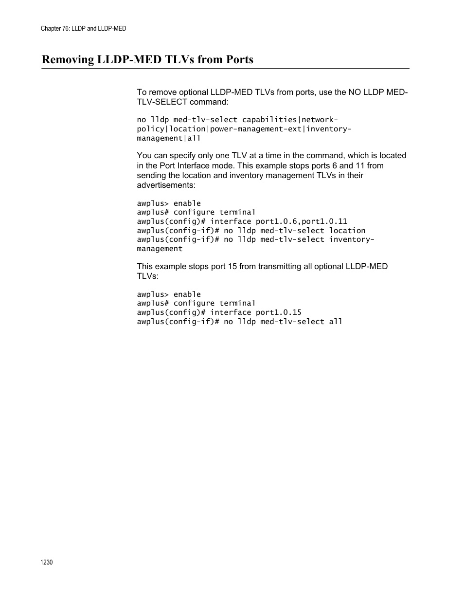 Removing lldp-med tlvs from ports 0, Removing lldp-med tlvs from ports | Allied Telesis AT-FS970M Series User Manual | Page 1230 / 1938