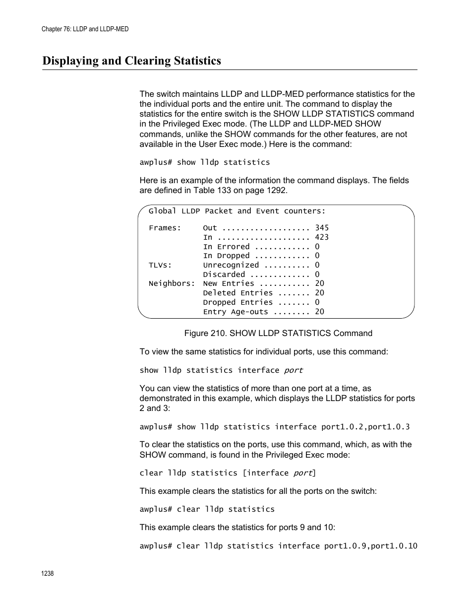 Displaying and clearing statistics 8, Figure 210. show lldp statistics command 8, Displaying and clearing statistics | Allied Telesis AT-FS970M Series User Manual | Page 1238 / 1938