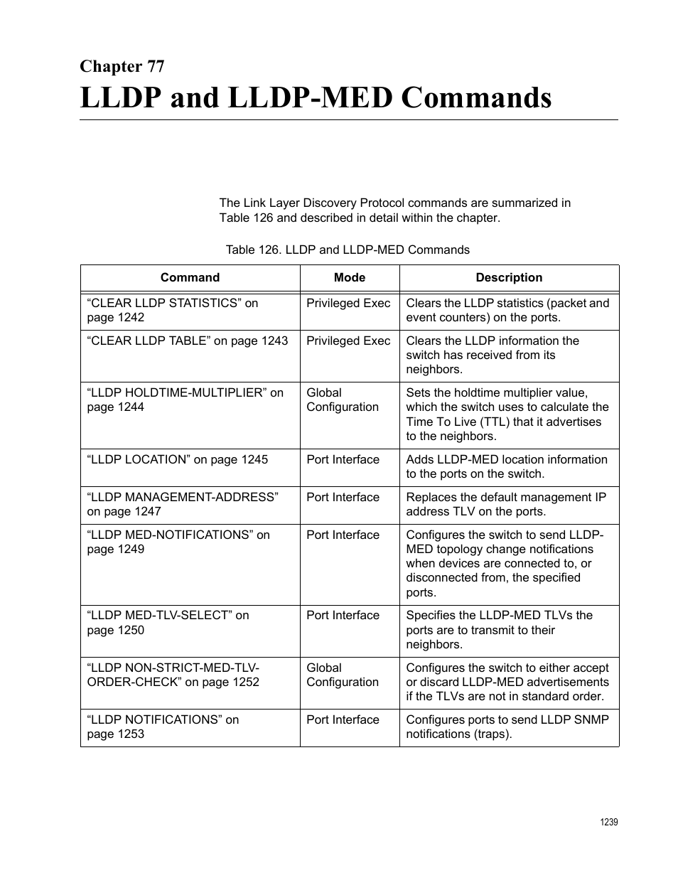 Chapter 77, Lldp and lldp-med commands, Table 126. lldp and lldp-med commands 9 | Allied Telesis AT-FS970M Series User Manual | Page 1239 / 1938