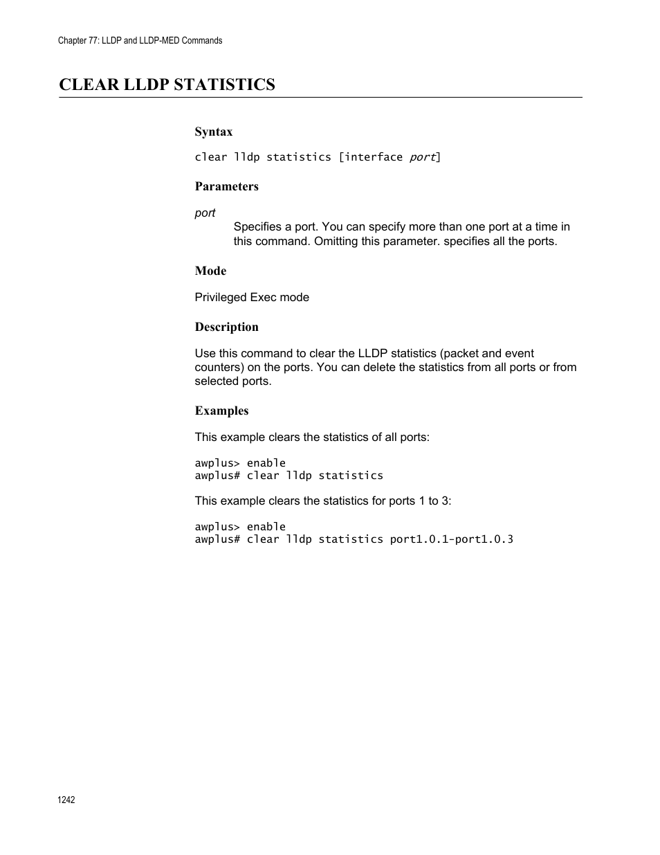 Clear lldp statistics 2, Clear lldp statistics | Allied Telesis AT-FS970M Series User Manual | Page 1242 / 1938