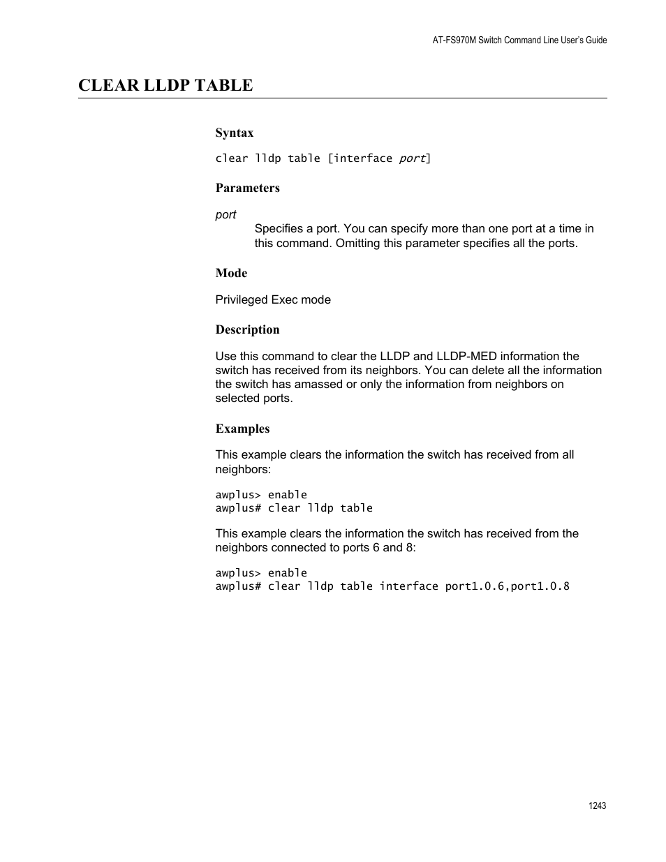 Clear lldp table 3, Clear lldp table | Allied Telesis AT-FS970M Series User Manual | Page 1243 / 1938