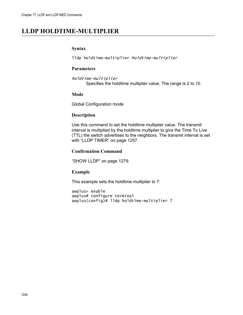 Lldp holdtime-multiplier 4, Lldp holdtime-multiplier | Allied Telesis AT-FS970M Series User Manual | Page 1244 / 1938