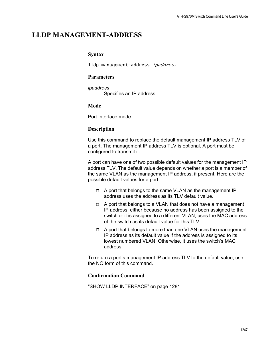 Lldp management-address 7, Lldp management-address | Allied Telesis AT-FS970M Series User Manual | Page 1247 / 1938