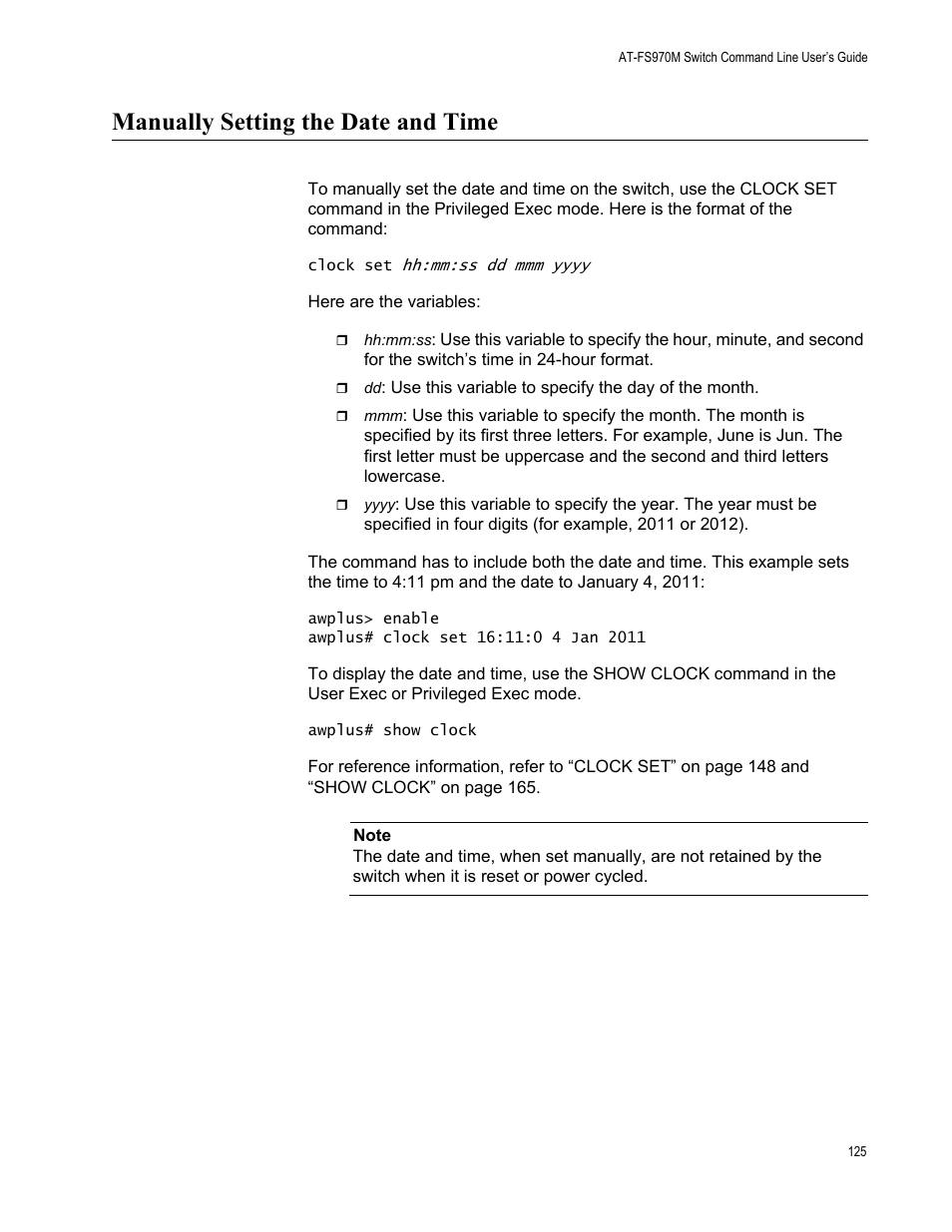 Manually setting the date and time | Allied Telesis AT-FS970M Series User Manual | Page 125 / 1938