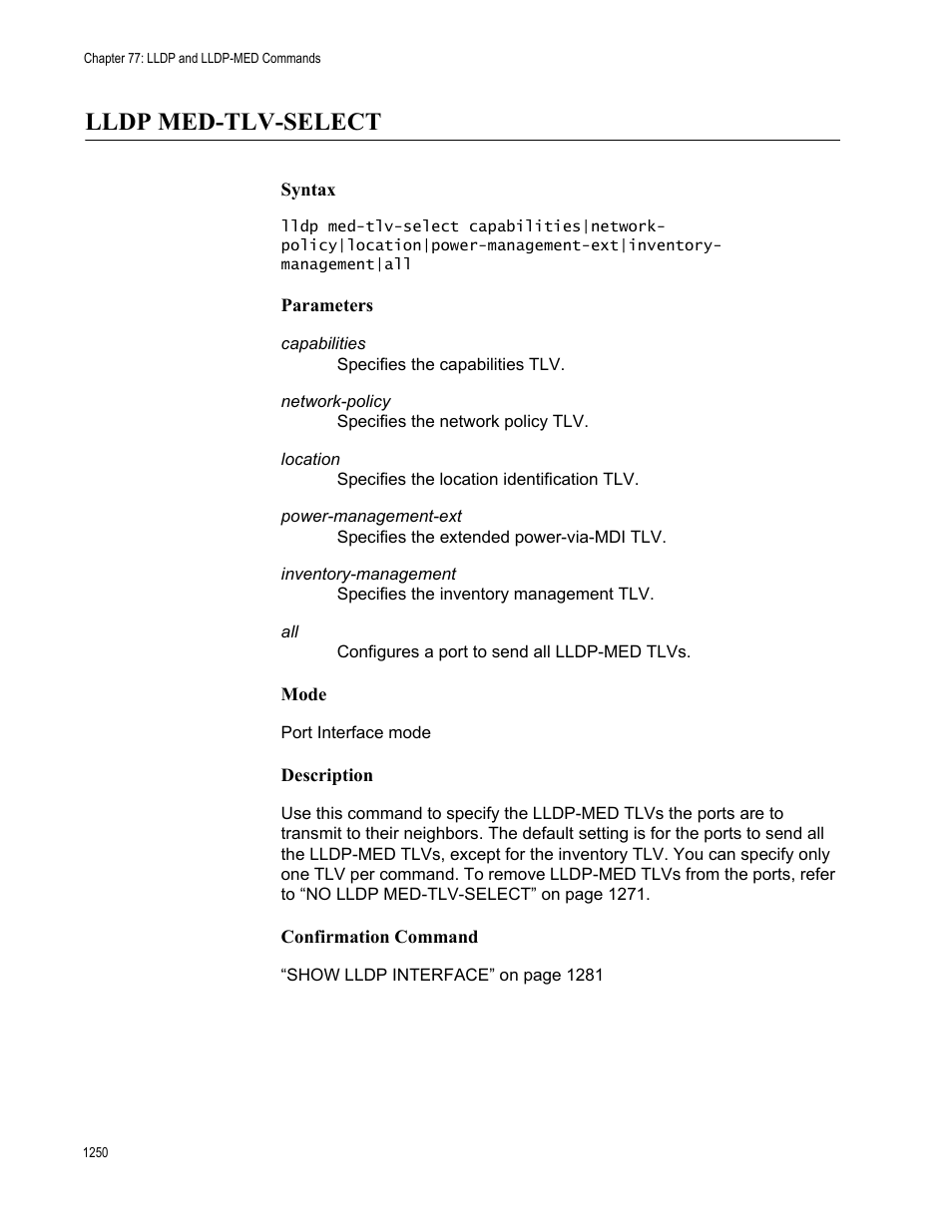 Lldp med-tlv-select 0, Lldp med-tlv-select | Allied Telesis AT-FS970M Series User Manual | Page 1250 / 1938