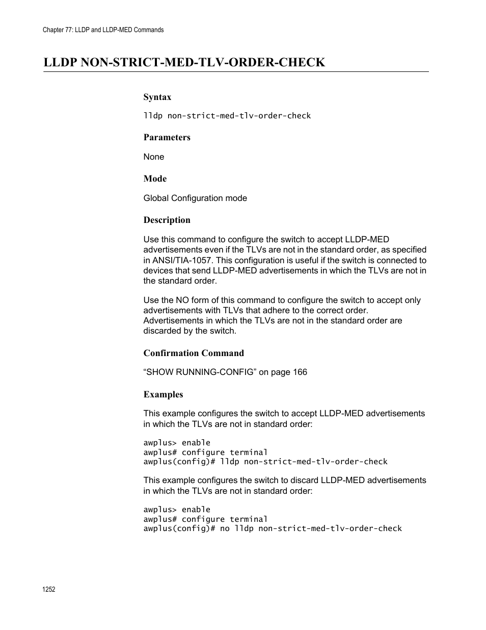 Lldp non-strict-med-tlv-order-check 2, Lldp non-strict-med-tlv-order-check | Allied Telesis AT-FS970M Series User Manual | Page 1252 / 1938