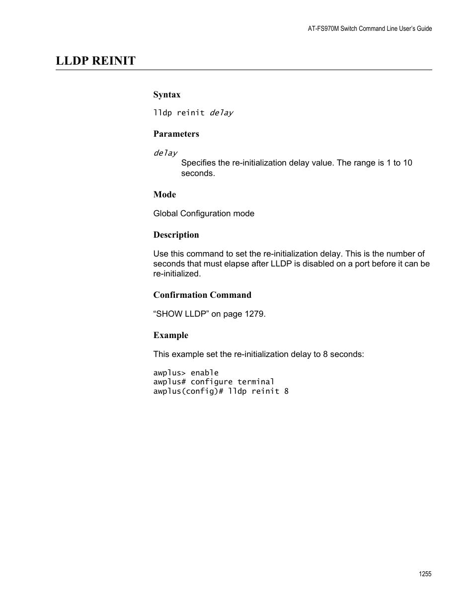 Lldp reinit 5, Lldp reinit | Allied Telesis AT-FS970M Series User Manual | Page 1255 / 1938