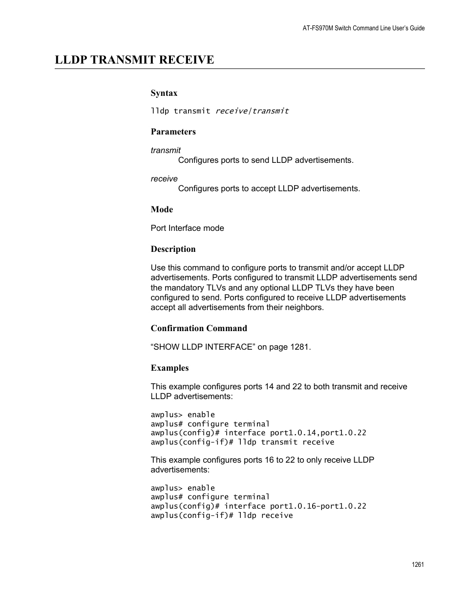 Lldp transmit receive 1, Lldp transmit receive | Allied Telesis AT-FS970M Series User Manual | Page 1261 / 1938