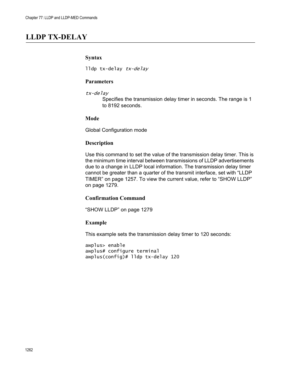 Lldp tx-delay 2, Lldp tx-delay | Allied Telesis AT-FS970M Series User Manual | Page 1262 / 1938