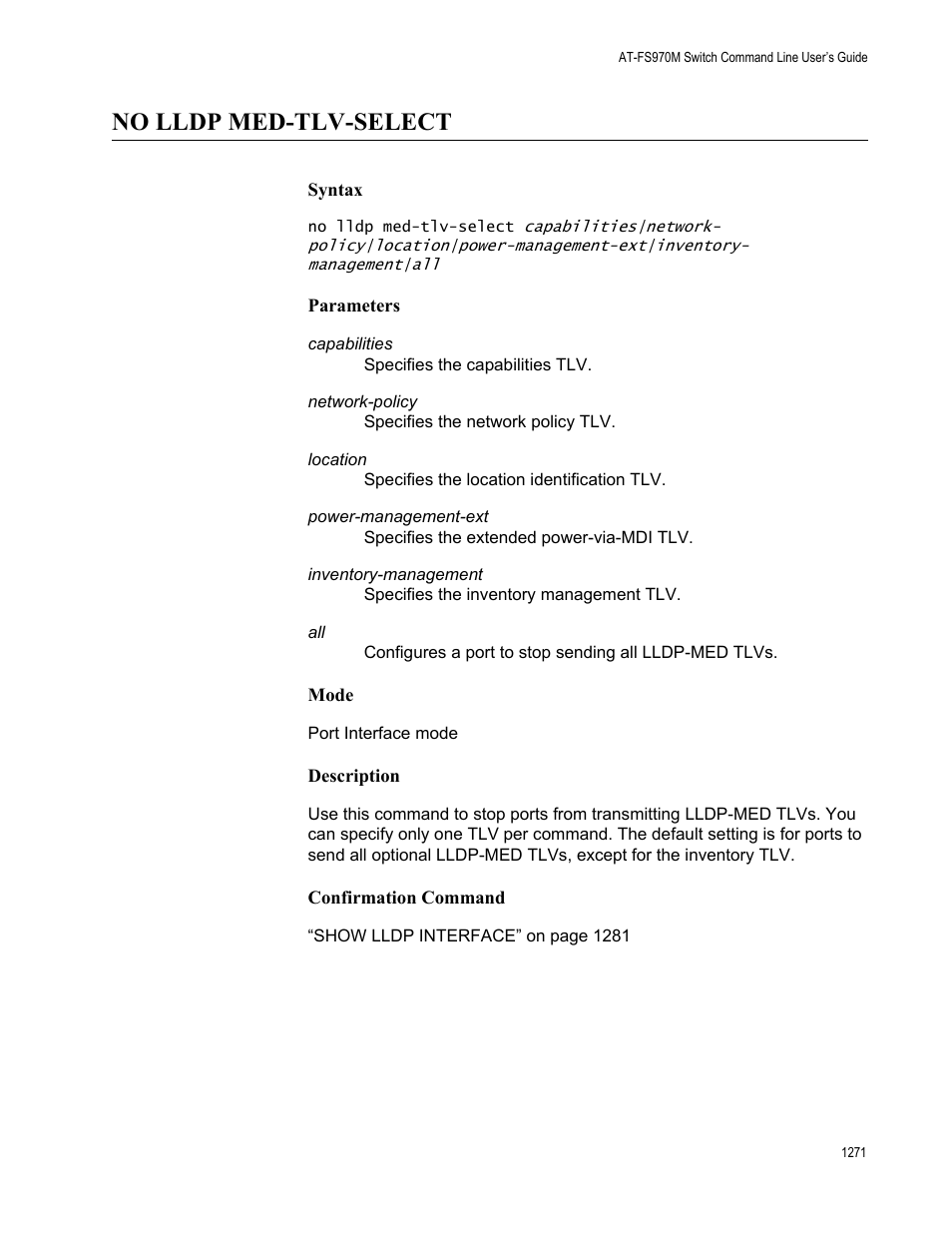 No lldp med-tlv-select 1, No lldp med-tlv-select | Allied Telesis AT-FS970M Series User Manual | Page 1271 / 1938