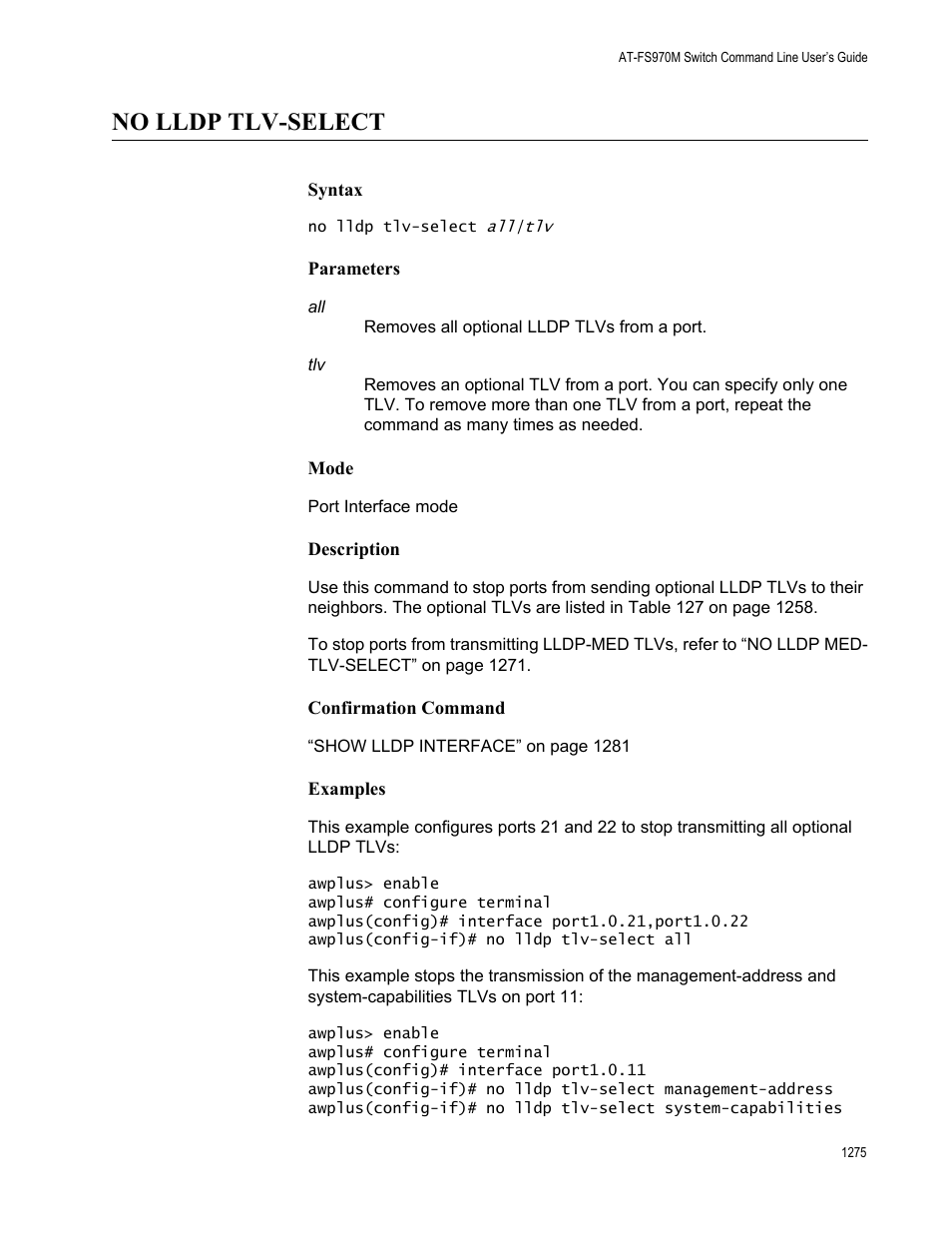 No lldp tlv-select 5, No lldp tlv-select | Allied Telesis AT-FS970M Series User Manual | Page 1275 / 1938