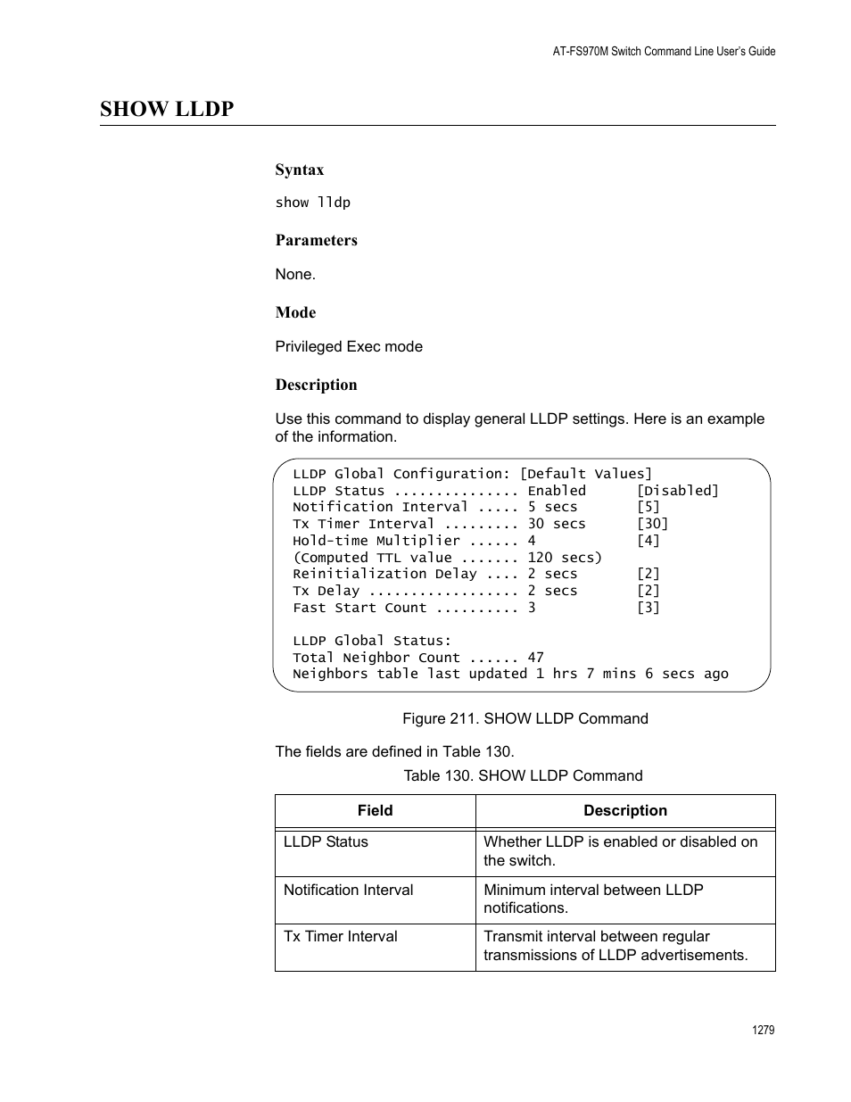 Show lldp 9, Figure 211. show lldp command 9, Table 130. show lldp command 9 | Show lldp | Allied Telesis AT-FS970M Series User Manual | Page 1279 / 1938