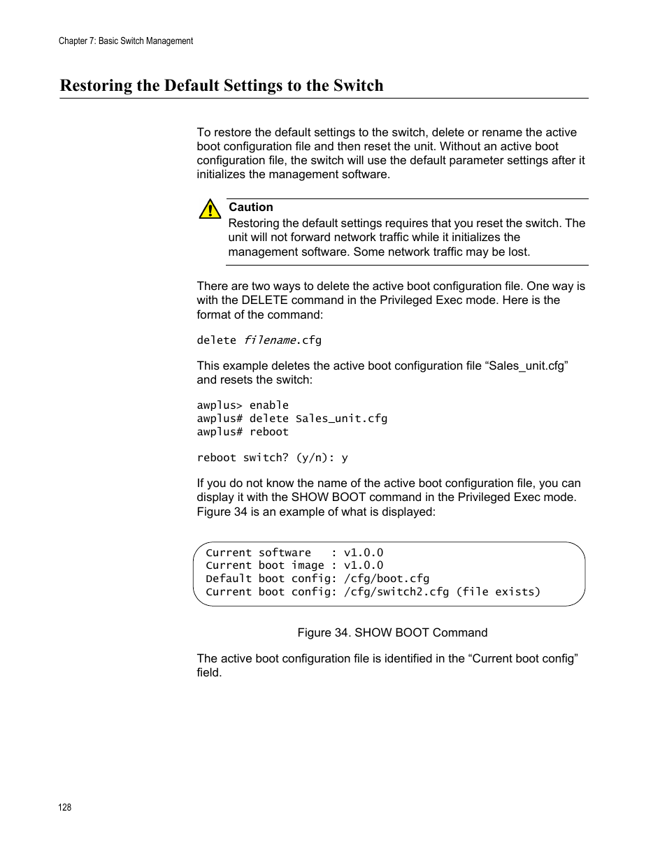 Restoring the default settings to the switch, Figure 34. show boot command | Allied Telesis AT-FS970M Series User Manual | Page 128 / 1938