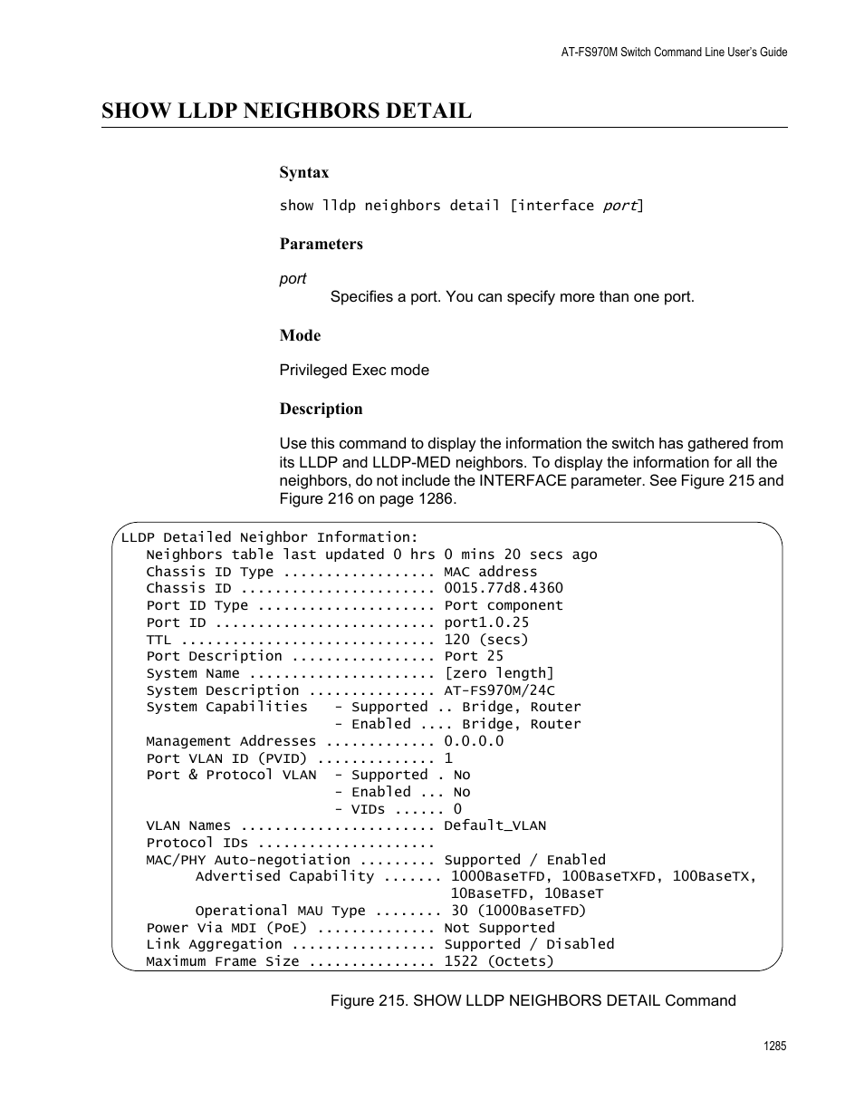 Show lldp neighbors detail 5, Figure 215. show lldp neighbors detail command 5, Show lldp neighbors detail | Allied Telesis AT-FS970M Series User Manual | Page 1285 / 1938
