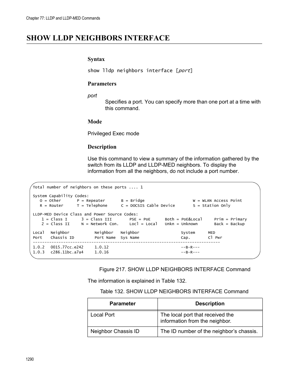 Show lldp neighbors interface 0, Table 132. show lldp neighbors interface command 0, Show lldp neighbors interface | Syntax, Parameters, Mode, Description | Allied Telesis AT-FS970M Series User Manual | Page 1290 / 1938