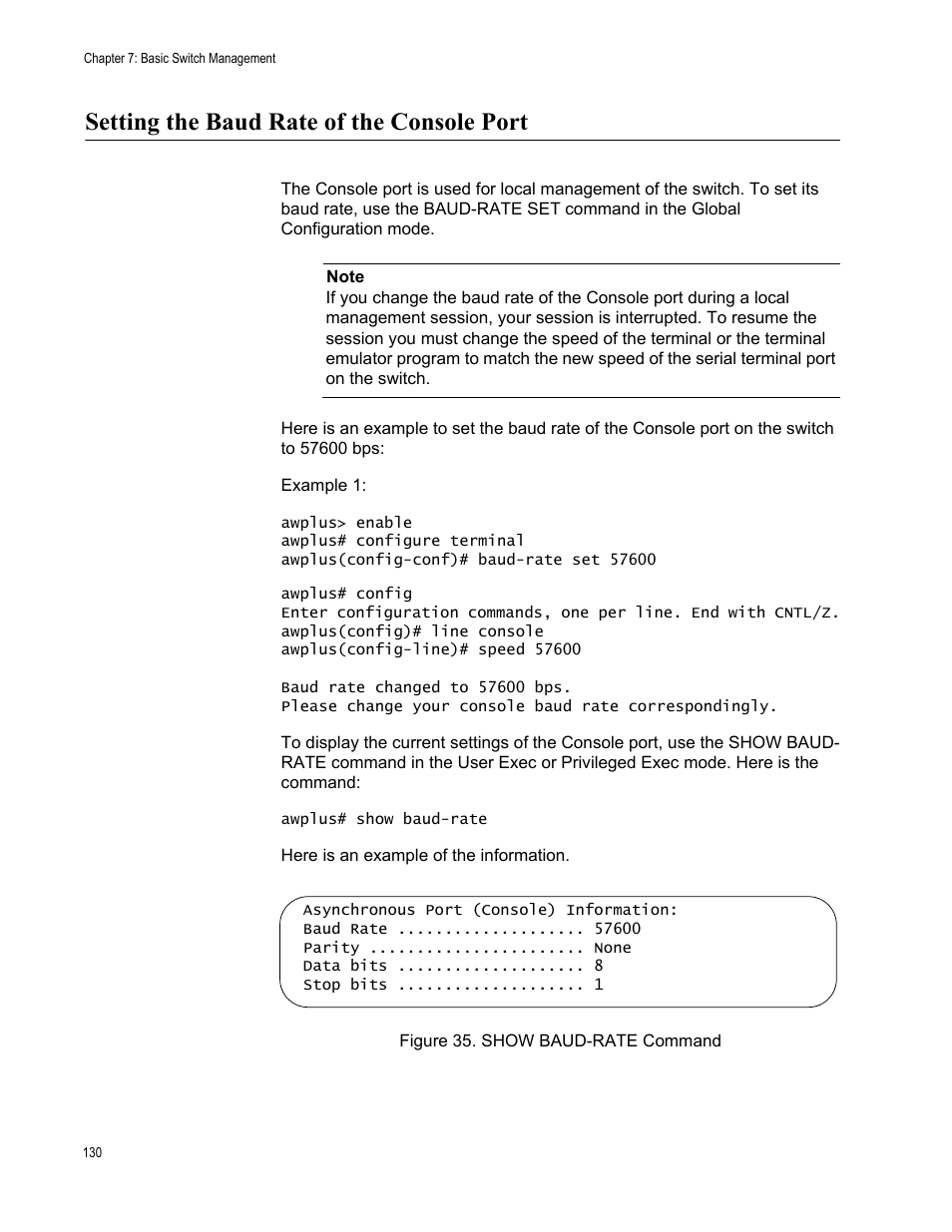 Setting the baud rate of the console port, Figure 35. show baud-rate command | Allied Telesis AT-FS970M Series User Manual | Page 130 / 1938