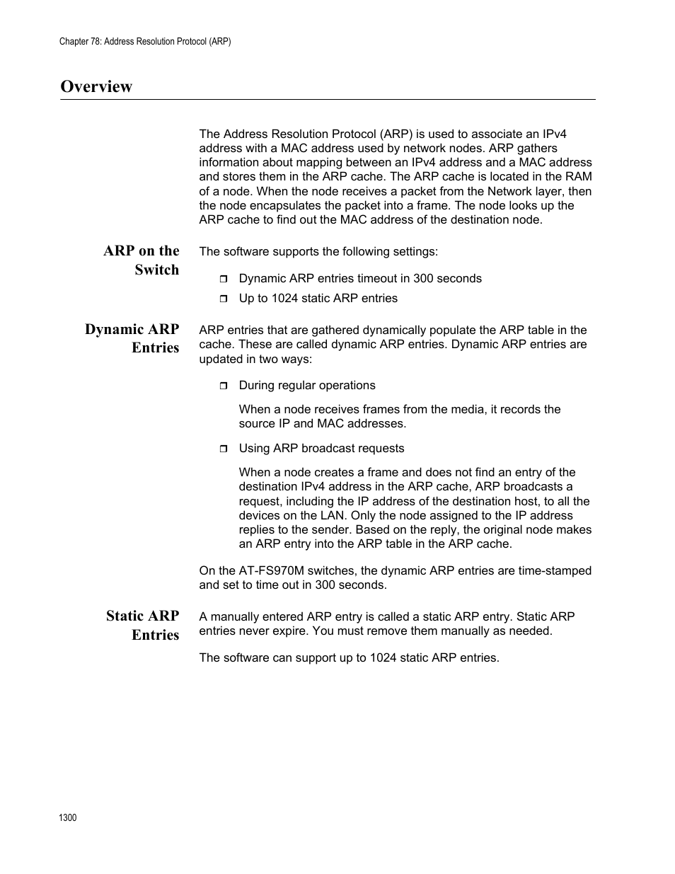 Overview 0, Overview, Arp on the switch | Dynamic arp entries, Static arp entries | Allied Telesis AT-FS970M Series User Manual | Page 1300 / 1938