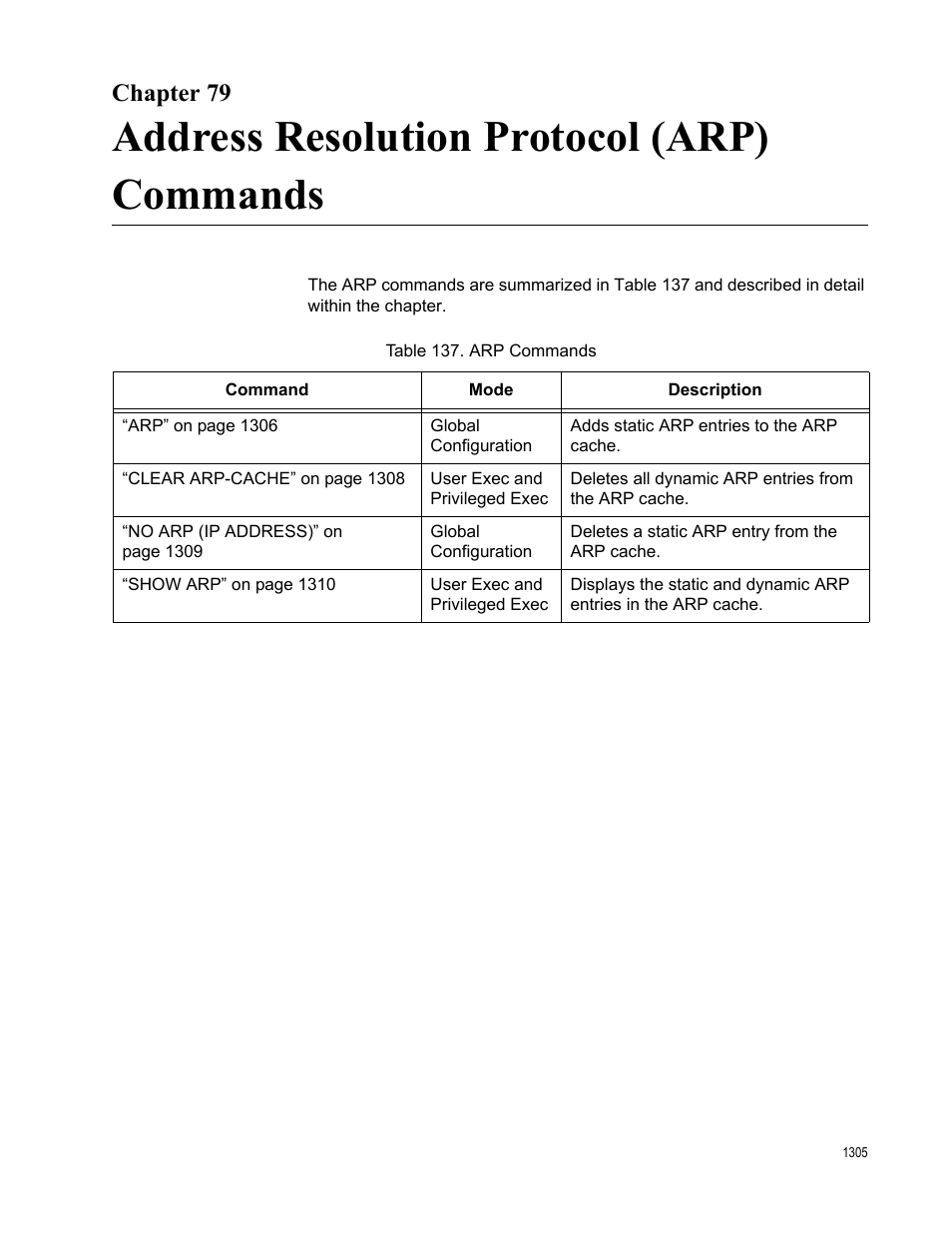 Chapter 79, Address resolution protocol (arp) commands, Table 137. arp commands 5 | Allied Telesis AT-FS970M Series User Manual | Page 1305 / 1938