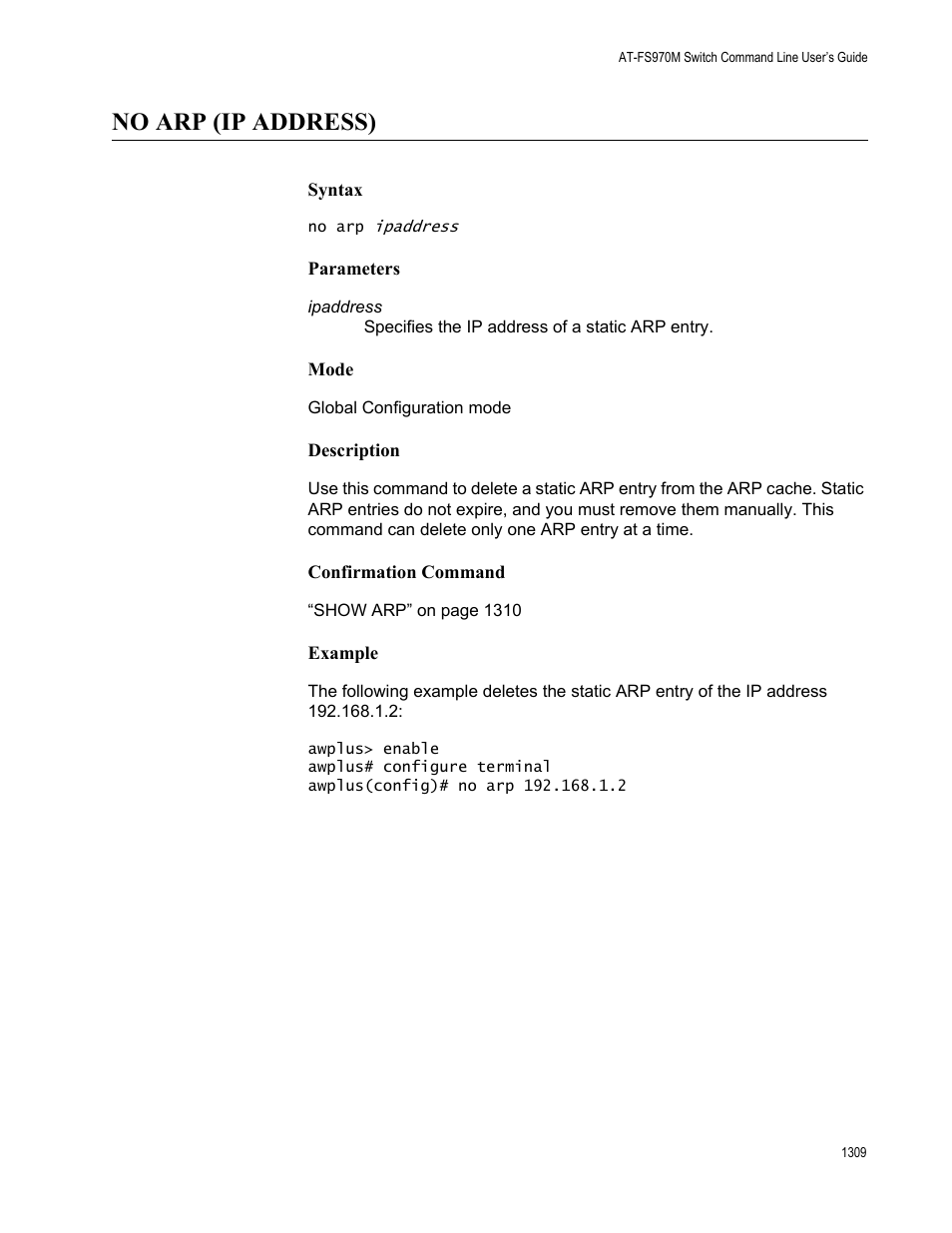 No arp (ip address) 9, No arp (ip address) | Allied Telesis AT-FS970M Series User Manual | Page 1309 / 1938