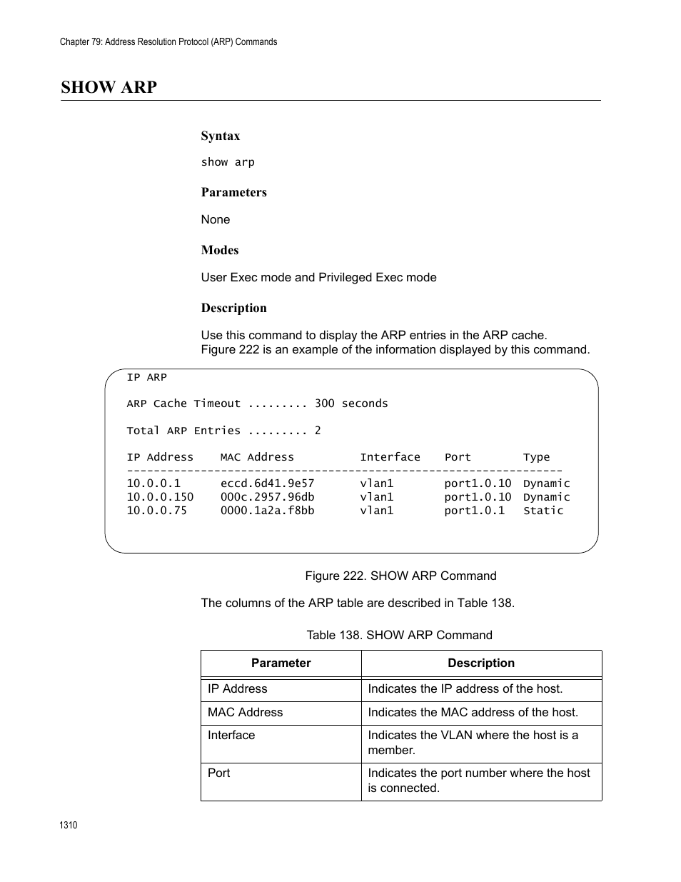 Show arp 0, Figure 222. show arp command 0, Table 138. show arp command 0 | Show arp | Allied Telesis AT-FS970M Series User Manual | Page 1310 / 1938