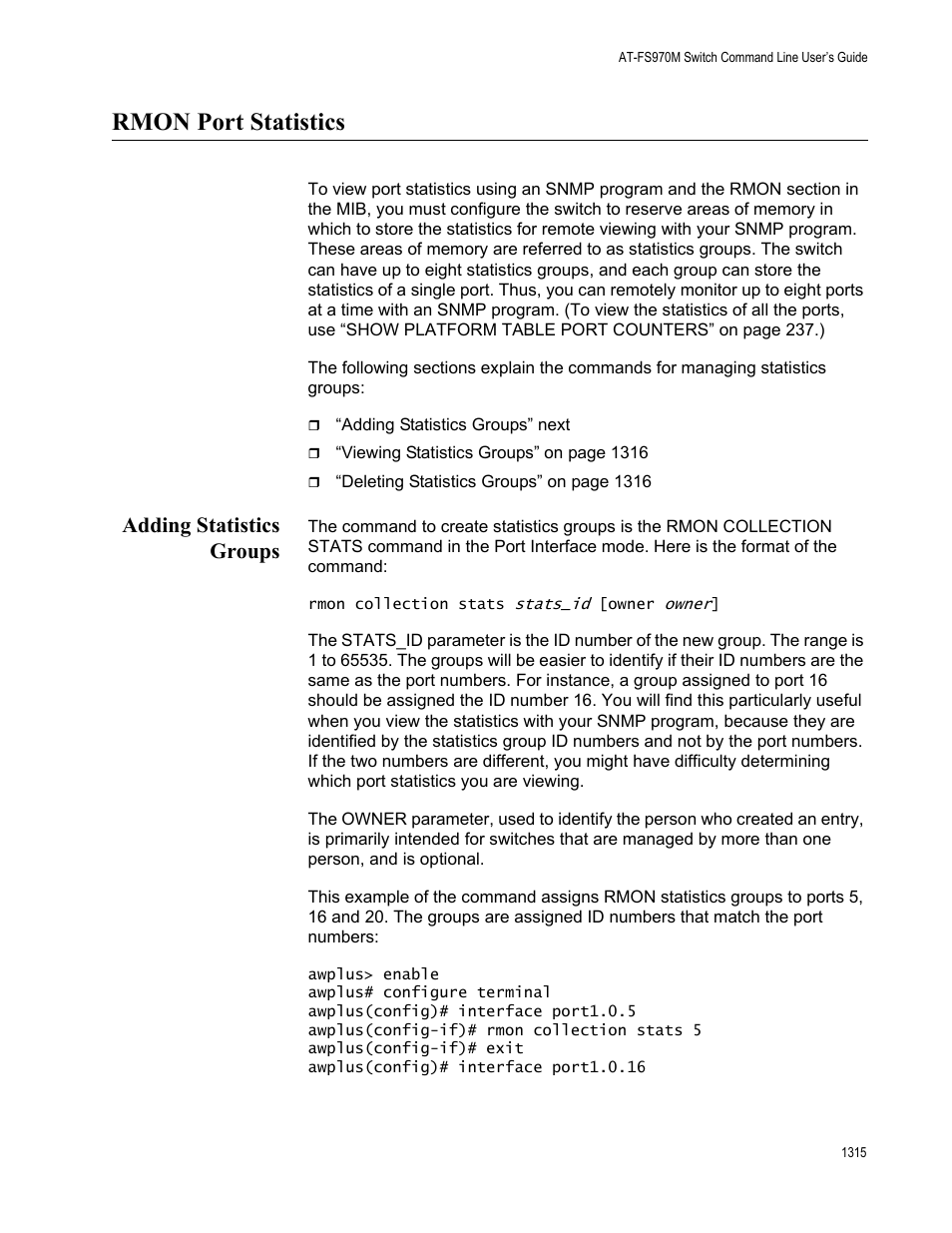 Rmon port statistics 5, Adding statistics groups 5, Rmon port statistics | Adding statistics groups | Allied Telesis AT-FS970M Series User Manual | Page 1315 / 1938