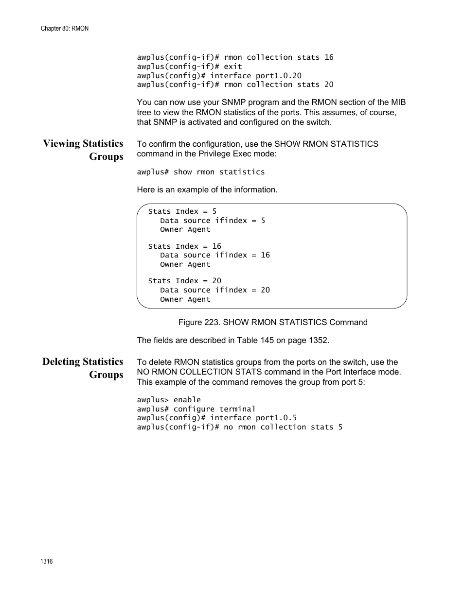 Figure 223. show rmon statistics command 6, Viewing statistics groups, Deleting statistics groups | Allied Telesis AT-FS970M Series User Manual | Page 1316 / 1938