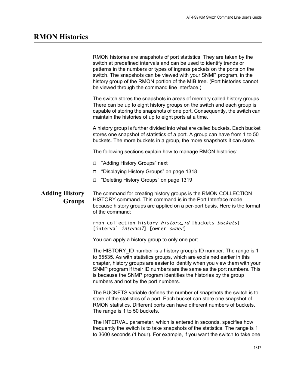 Rmon histories 7, Adding history groups 7, Rmon histories | Adding history groups | Allied Telesis AT-FS970M Series User Manual | Page 1317 / 1938