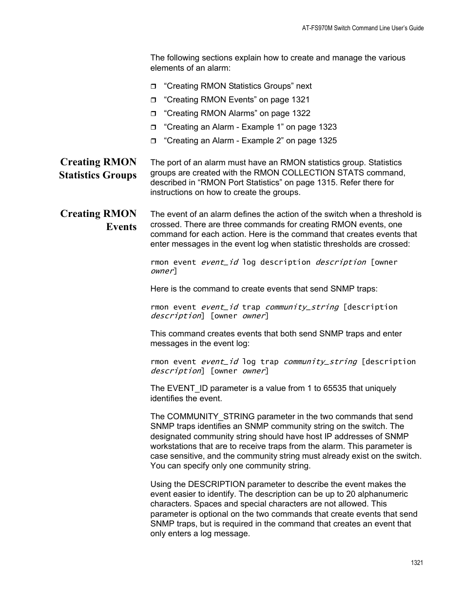 Creating rmon statistics groups, Creating rmon events | Allied Telesis AT-FS970M Series User Manual | Page 1321 / 1938