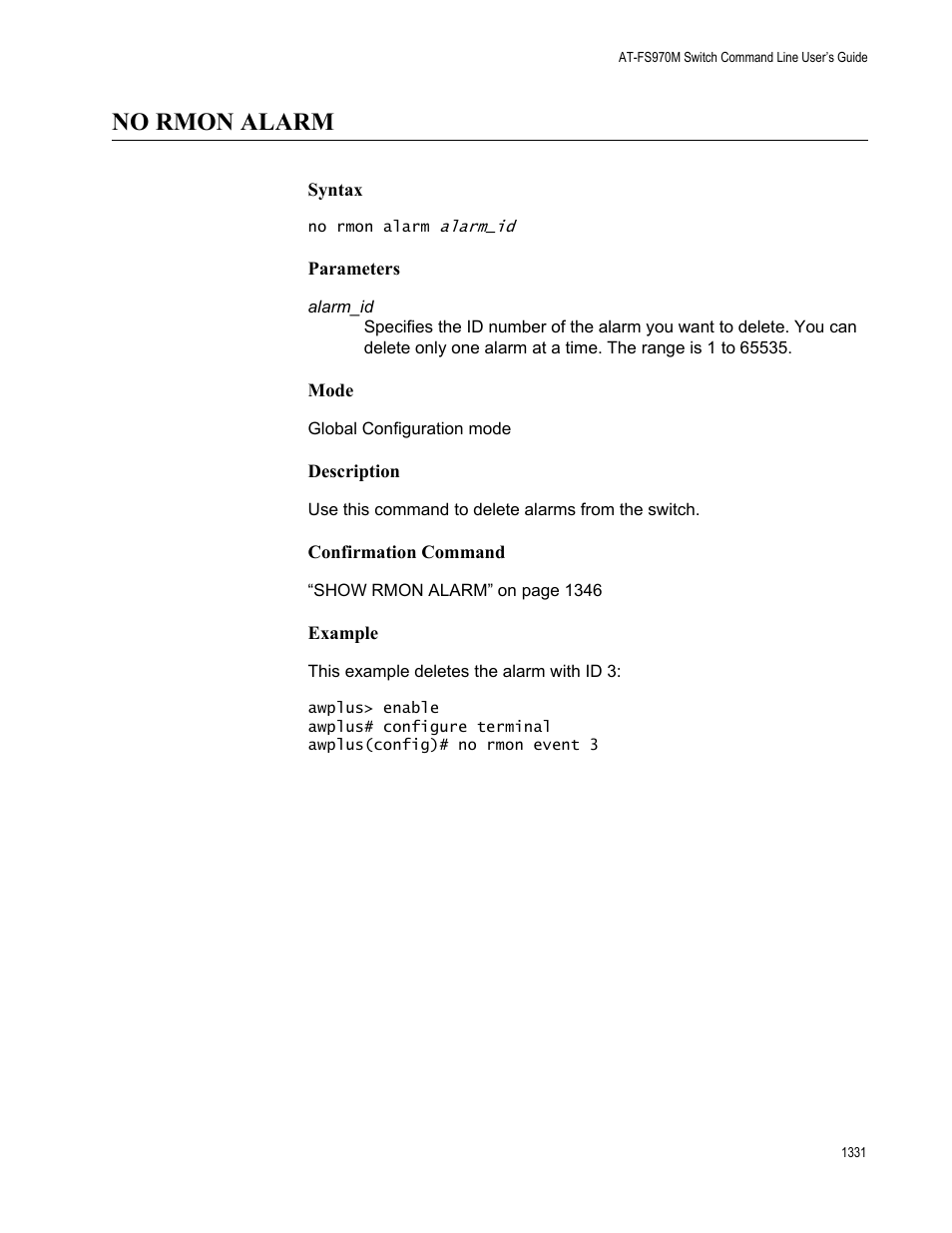 No rmon alarm 1, No rmon alarm | Allied Telesis AT-FS970M Series User Manual | Page 1331 / 1938