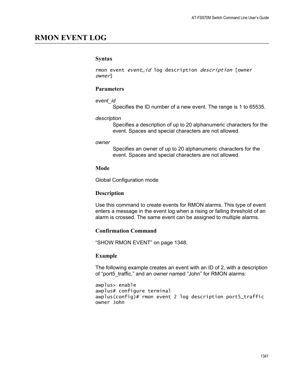 Rmon event log 1, Rmon event log | Allied Telesis AT-FS970M Series User Manual | Page 1341 / 1938