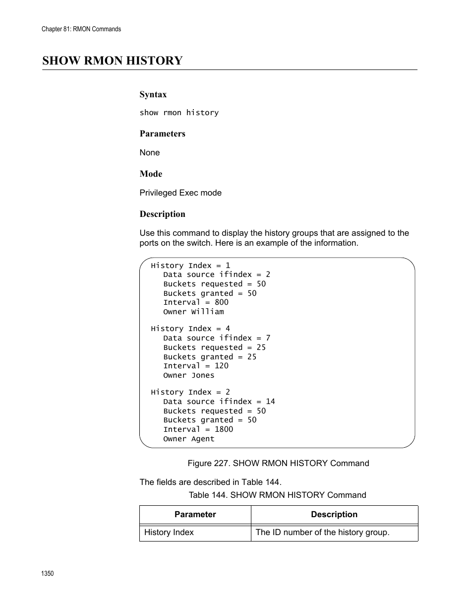 Show rmon history 0, Figure 227. show rmon history command 0, Table 144. show rmon history command 0 | Show rmon history | Allied Telesis AT-FS970M Series User Manual | Page 1350 / 1938