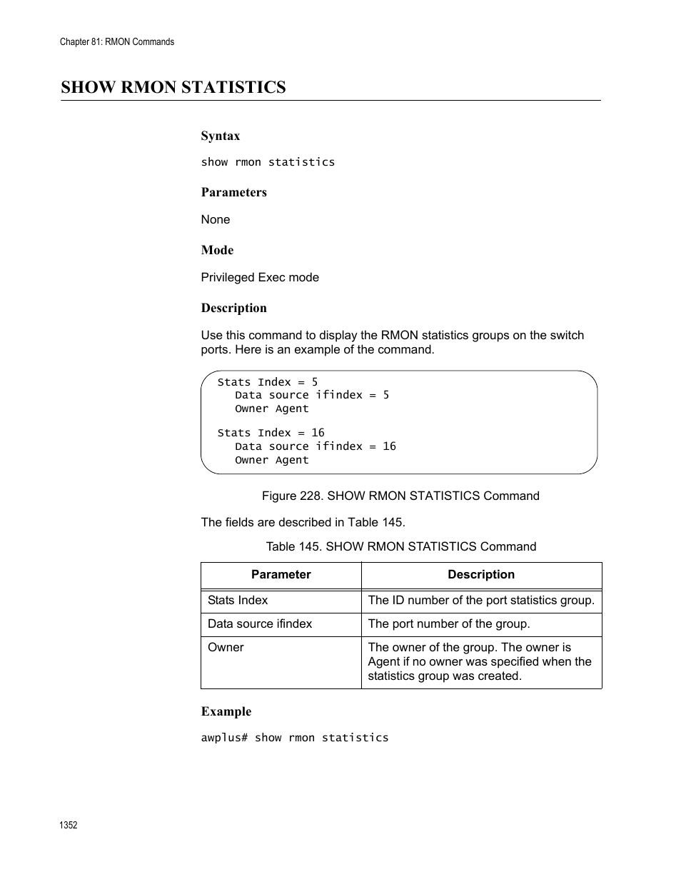 Show rmon statistics 2, Figure 228. show rmon statistics command 2, Table 145. show rmon statistics command 2 | Show rmon statistics | Allied Telesis AT-FS970M Series User Manual | Page 1352 / 1938