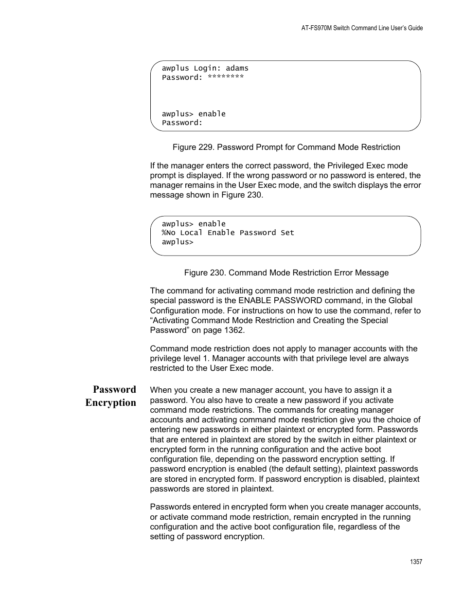 Password encryption 7, Command mode restriction error message 7, Password encryption | Allied Telesis AT-FS970M Series User Manual | Page 1357 / 1938