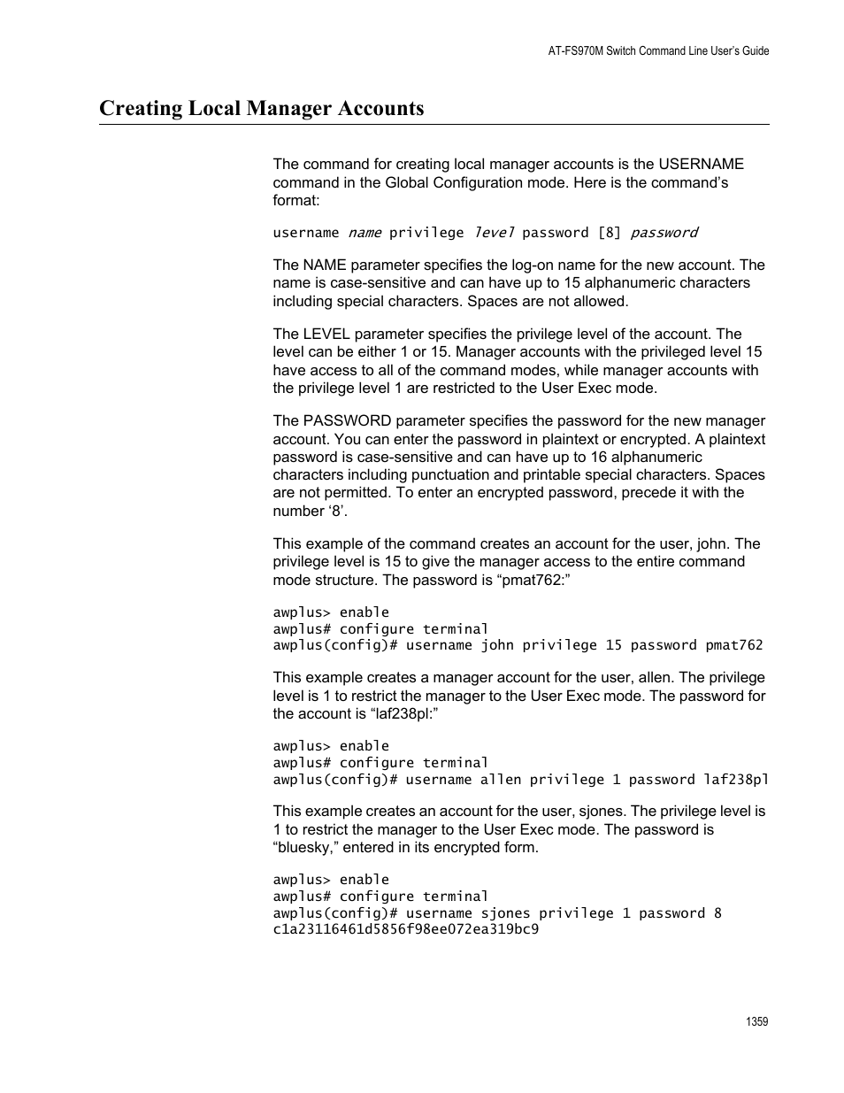 Creating local manager accounts 9, Creating local manager accounts | Allied Telesis AT-FS970M Series User Manual | Page 1359 / 1938