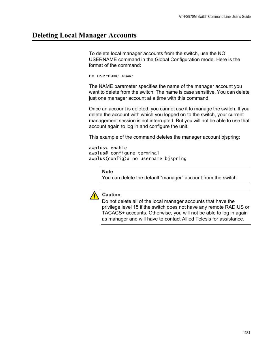 Deleting local manager accounts 1, Deleting local manager accounts | Allied Telesis AT-FS970M Series User Manual | Page 1361 / 1938