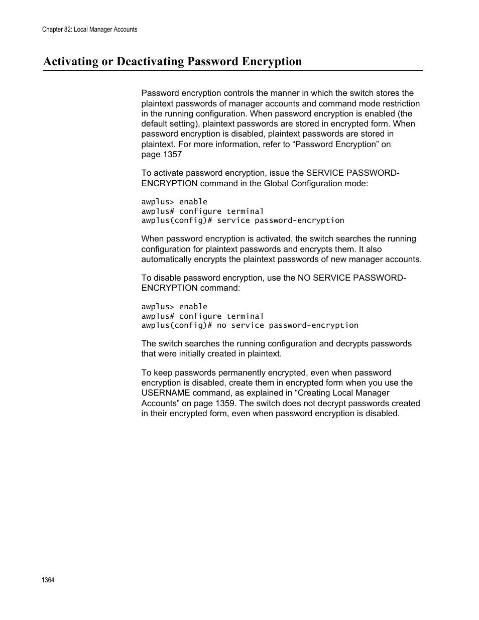 Activating or deactivating password encryption 4, Activating or deactivating password encryption | Allied Telesis AT-FS970M Series User Manual | Page 1364 / 1938