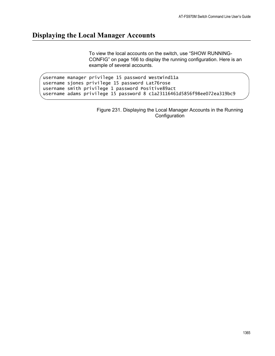 Displaying the local manager accounts 5, Displaying the local manager accounts | Allied Telesis AT-FS970M Series User Manual | Page 1365 / 1938
