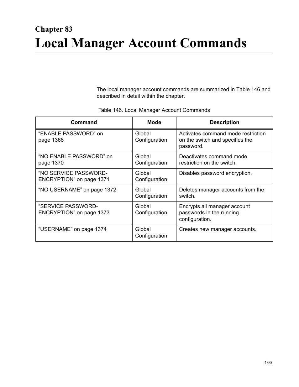 Chapter 83, Local manager account commands, Table 146. local manager account commands 7 | Allied Telesis AT-FS970M Series User Manual | Page 1367 / 1938
