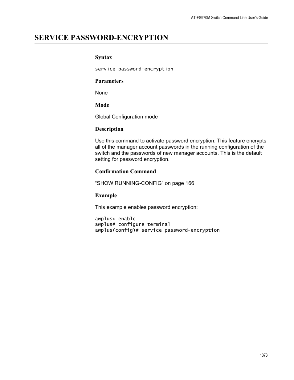 Service password-encryption 3, Service password-encryption | Allied Telesis AT-FS970M Series User Manual | Page 1373 / 1938