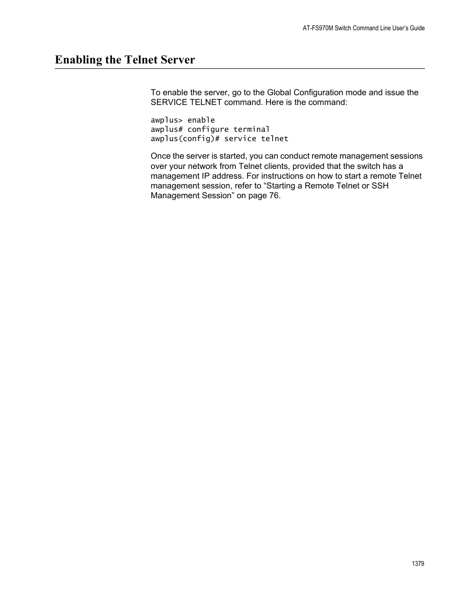 Enabling the telnet server 9, Enabling the telnet server | Allied Telesis AT-FS970M Series User Manual | Page 1379 / 1938