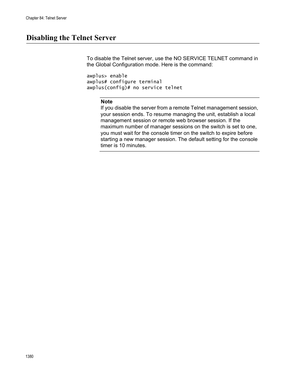 Disabling the telnet server 0, Disabling the telnet server | Allied Telesis AT-FS970M Series User Manual | Page 1380 / 1938