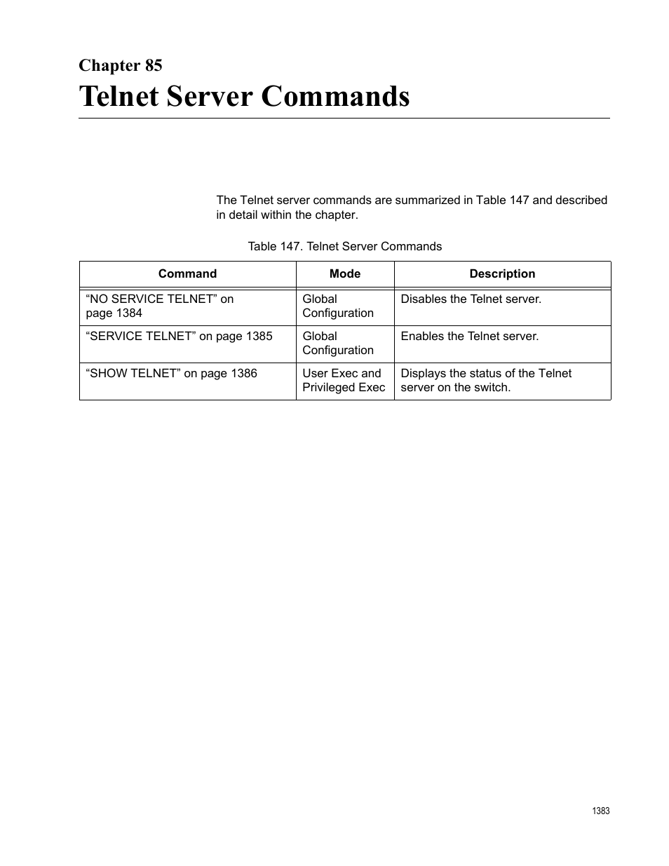 Chapter 85, Telnet server commands, Table 147. telnet server commands 3 | Allied Telesis AT-FS970M Series User Manual | Page 1383 / 1938