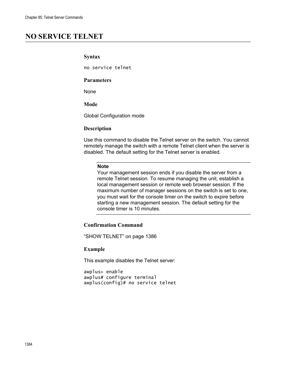 No service telnet 4, No service telnet | Allied Telesis AT-FS970M Series User Manual | Page 1384 / 1938